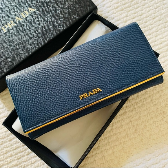 Prada Bluette Continental Gold Bar Wallet